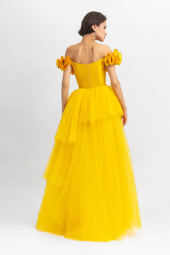 Ruffled Off Shoulder Corset Tulle Gown