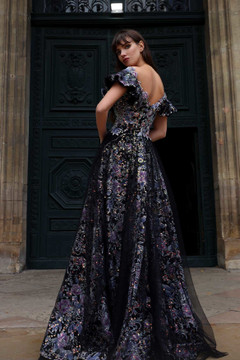 Embellished Ruffled Off Shoulder A-Line Gown Embellished Ruffled Off Shoulder A-Line Gown