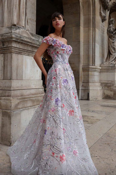 Floral Embellished Ruffled Off Shoulder A-Line Gown