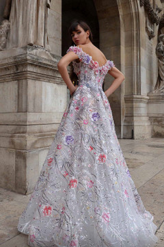 Floral Embellished Ruffled Off Shoulder A-Line Gown