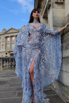 Long Cape Sleeve Embellished Slit Gown Long Cape Sleeve Embellished Slit Gown