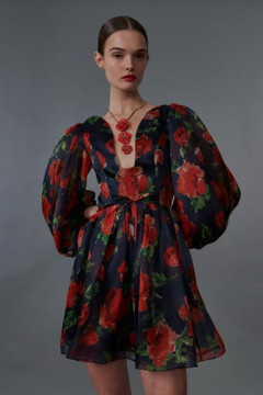 Deep V-Neck Balloon Sleeve Mini Dress Deep V-Neck Balloon Sleeve Mini Dress