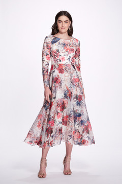 Long Sleeve/ Floral A-Line Midi Dress