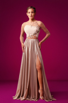 Asymmetrical Embroidered Slit Gown