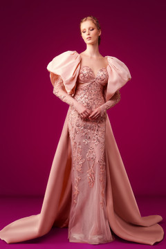 Crepe Evening Gown with Puffy Cady Sleeves