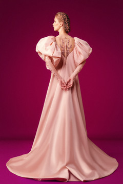 Crepe Evening Gown with Puffy Cady Sleeves