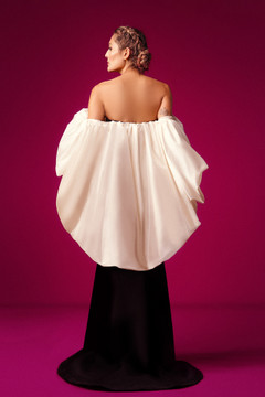 Off Shoulder Crepe Gown with Taffeta Watteau Cape