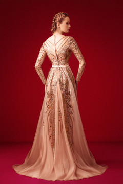 Salmon Pink Goldwork Embroidery Evening Gown Salmon Pink Goldwork Embroidery Evening Gown