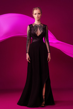 V-Neck Crepe and Sheer Tulle Gown V-Neck Crepe and Sheer Tulle Gown