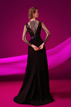 V-Neck Crepe and Sheer Tulle Gown V-Neck Crepe and Sheer Tulle Gown