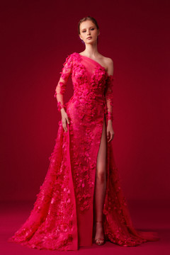 One Shoulder Embroidered Tulle Evening Gown One Shoulder Embroidered Tulle Evening Gown