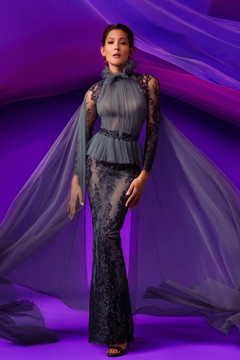 Ruffled Neck Tulle Embroidered Gown Ruffled Neck Tulle Embroidered Gown
