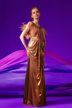 Golden Lurex Chiffon Evening Gown