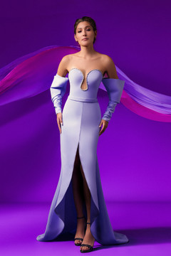 Off Shoulder Beaded Bodice Slit Gown Off Shoulder Beaded Bodice Slit Gown