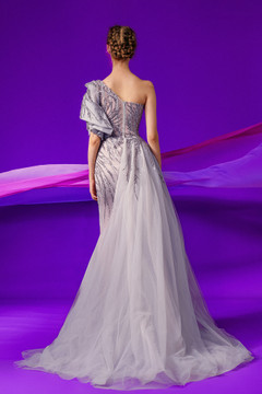 Side Ruffled Asymmetrical Neck Embroidered Gown Side Ruffled Asymmetrical Neck Embroidered Gown