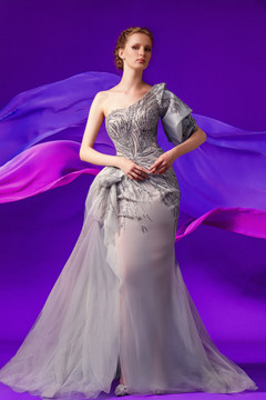Side Ruffled Asymmetrical Neck Embroidered Gown Side Ruffled Asymmetrical Neck Embroidered Gown