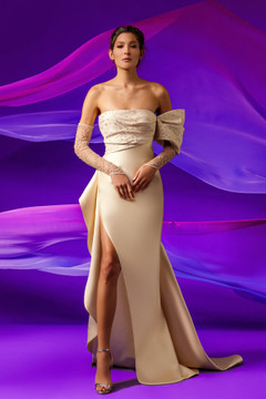 Strapless Draped Sleeve Mikado Gown