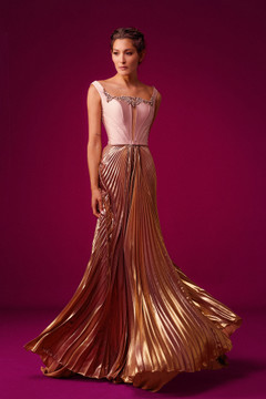 Hand-Beaded Pleated Gown