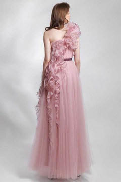 Laser-Cut Ruffled One Shoulder Tulle Gown