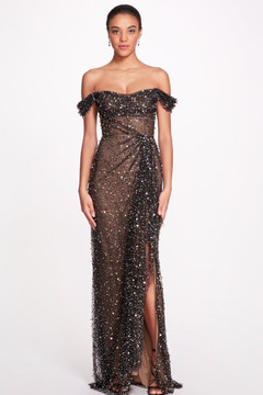 Off the Shoulder Crystal and Sequin Gown