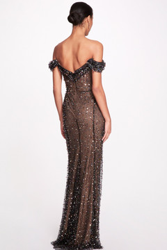 Off the Shoulder Crystal and Sequin Gown