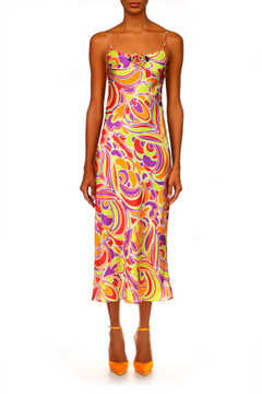 Printed Silk Bias Slip Midi Dress