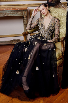 Deep V-Neck Long Sleeve Embellished Gown Deep V-Neck Long Sleeve Embellished Gown