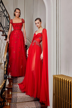 Beaded Chiffon Gown with Cape Sleeves