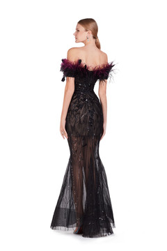 Off Shoulder Gown with Ombré Feathers Off Shoulder Gown with Ombré Feathers