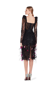 Long Sleeve Beaded Dress with Feathers Long Sleeve Beaded Dress with Feathers
