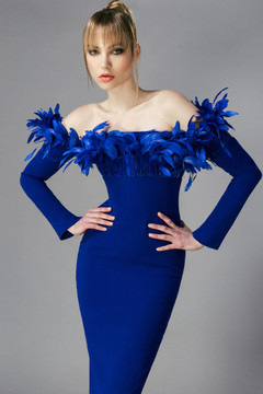 Crepe Gown with Feather Detail