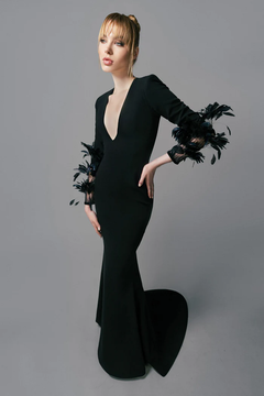 Crepe Gown with Feathered Sleeves