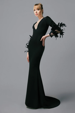 Crepe Gown with Feathered Sleeves