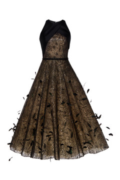 Lace Tea-Length Dress with Feathers