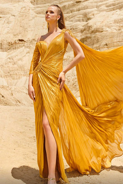 Pleated -Gown with Draped Shoulder