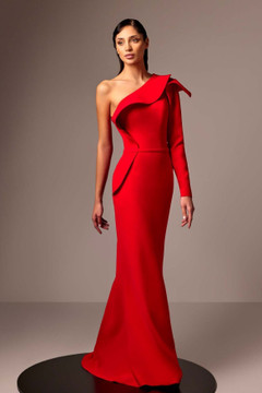 Ruffled One Shoulder Flared Crepe Gown Ruffled One Shoulder Flared Crepe Gown
