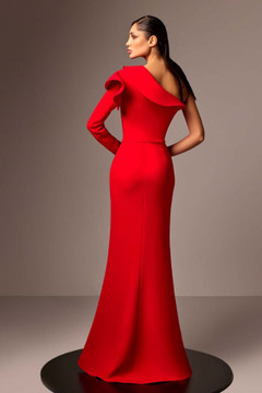 Ruffled One Shoulder Flared Crepe Gown Ruffled One Shoulder Flared Crepe Gown