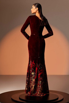 Long Sleeve Velvet Gown with Slit