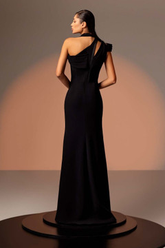 Crepe Slit Gown with Strass Buttons