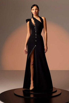 Crepe Slit Gown with Strass Buttons