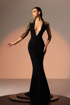 Crepe Gown with Gold Embroidery