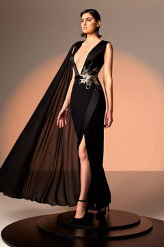 Crepe Cape Sleeve Gown with Gold Lace Crepe Cape Sleeve Gown with Gold Lace