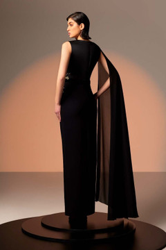 Crepe Cape Sleeve Gown with Gold Lace Crepe Cape Sleeve Gown with Gold Lace