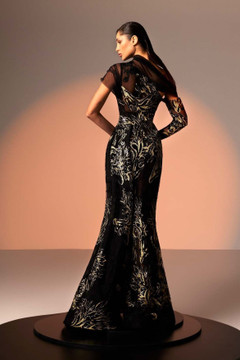 Black and Gold Lace One Shoulder Gown