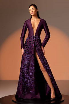 Long Sleeve Mikado Gown with Embroidered Velvet