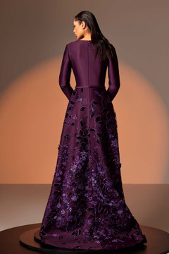 Long Sleeve Mikado Gown with Embroidered Velvet