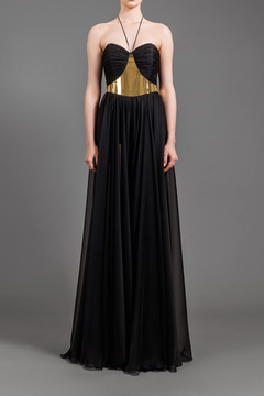 Metal Structured Belt Chiffon Gown