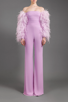 Feathered Off Shoulder Crêpe Jumpsuit Feathered Off Shoulder Crêpe Jumpsuit