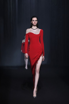 Crêpe Dress with Asymmetrical Beaded Hem Crêpe Dress with Asymmetrical Beaded Hem