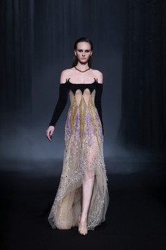 Beaded Tulle Illusion Dress with High-Low Hem Beaded Tulle Illusion Dress with High-Low Hem